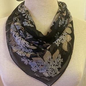 Halston Silk 20” Square Scarf Black w/ Floral Pattern